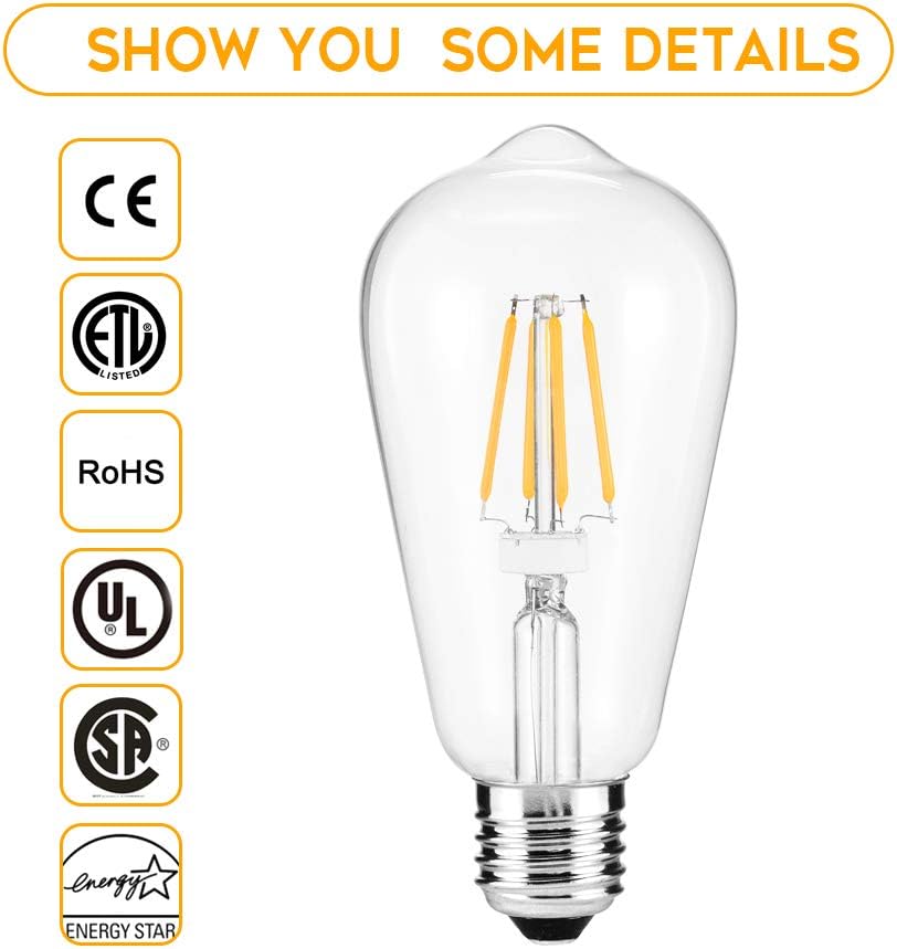 WAWUI Dimmable Vintage Edison Bulbs, LED Light Bulb, 4W, 60W Equivalent, 500LM, E26 Medium Base,Soft White 2700K-3000K, ST64, Antique Vintage Style Light, Squirrel Cage Filament, Pack of 4