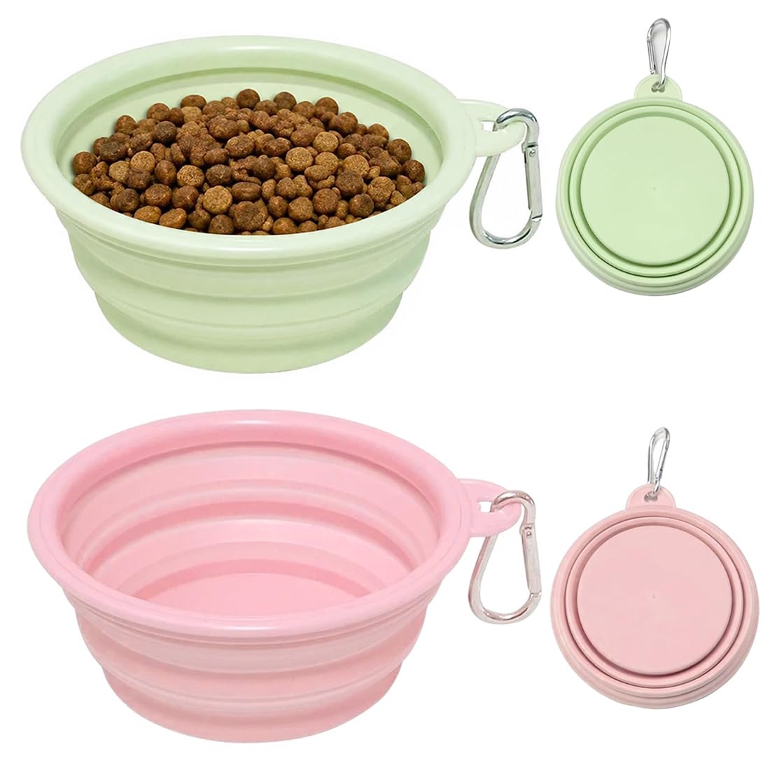 2 Foldable Silicone Pet Bucket 350 ml, Portable Travel Drinker without BPA (Pink, Green)