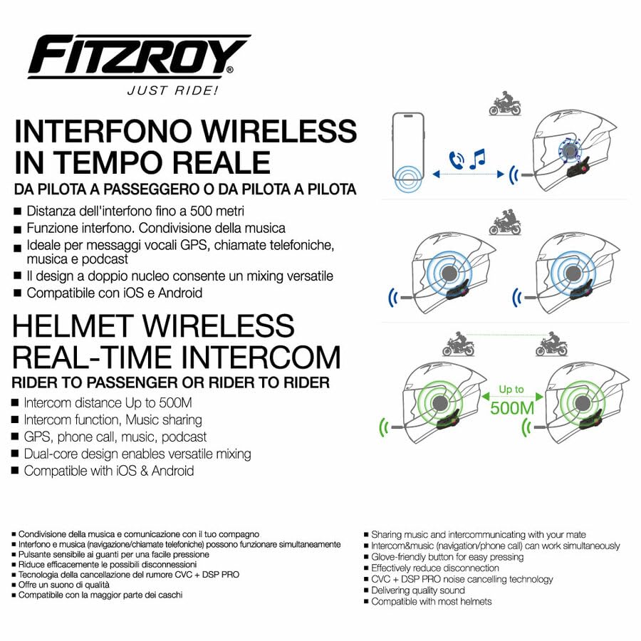 FITZROY Interfono Moto Bluetooth 5.3, Auricolare Casco Moto con Comunicazione 500m, Interphone Moto con Cancellazione Rumore CVC+DSP PRO, Condivisione Musica e Audio Multitasking, Impermeabile IPX6