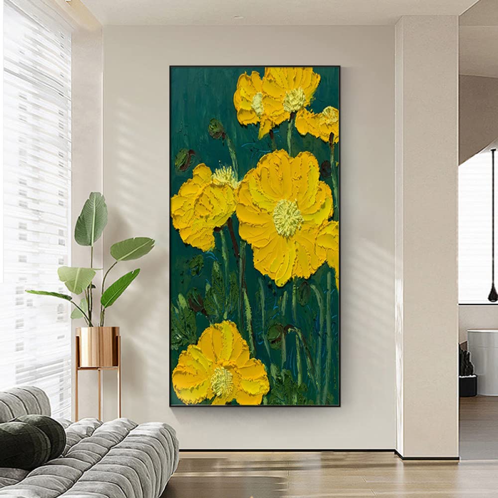 Tableau peinture sur toile fleur de calendula jaune art abstrait moderne