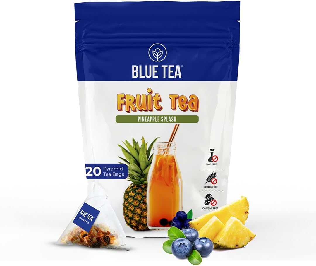BLUE TEA - Pineapple Splash Fruit Tea - 20 Tea Bags - Plant Based | SUPER ANTI-OXIDANT | Caffeine Free | Pineapple + Blueberry + Orange + Rosemary | Directly From Source | Ziplock Packaging