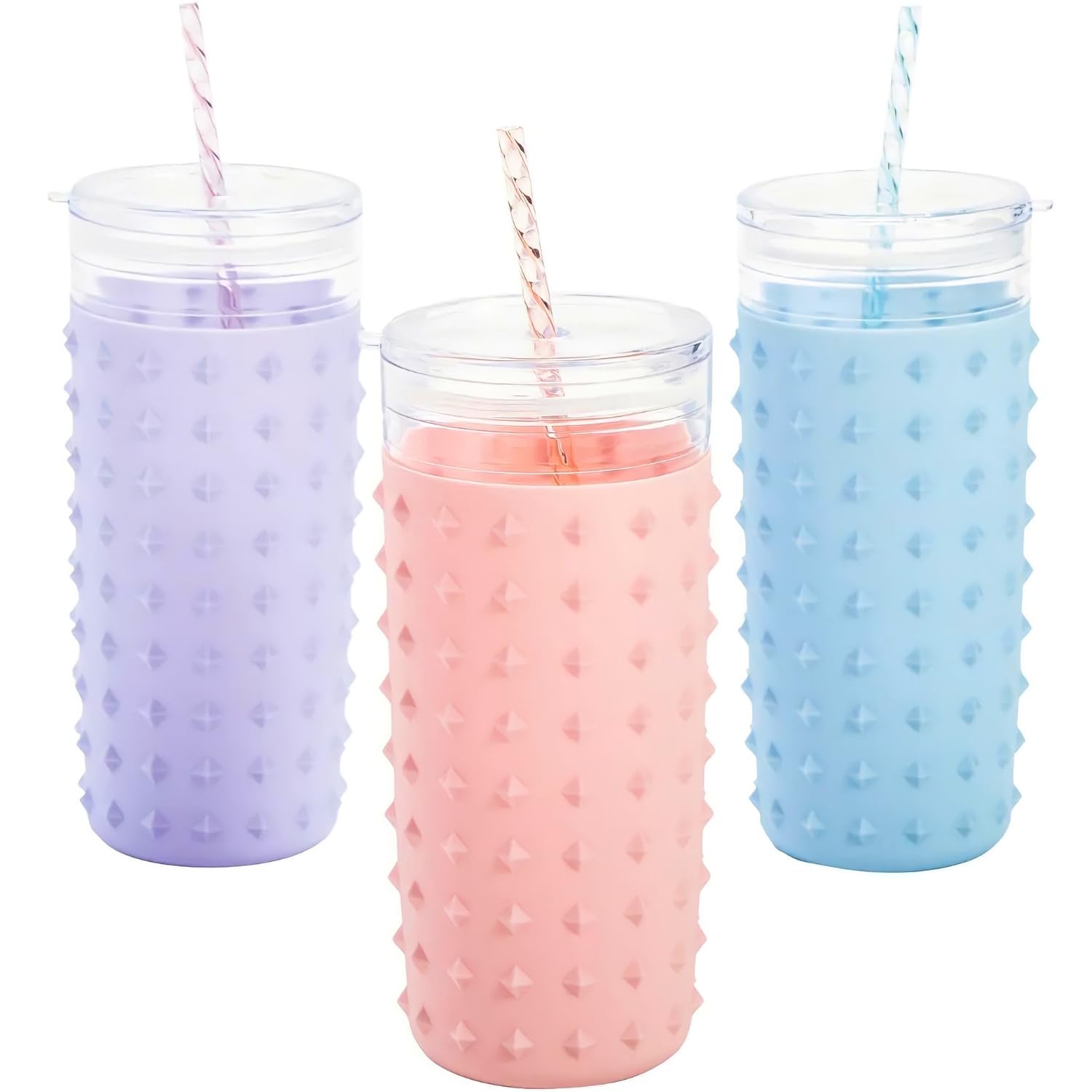 Wiederverwendbare Trinkhalme aus Silikon mit Nieten und transparentem Deckel, 21,6 cm, 907 ml, 3 Stück
