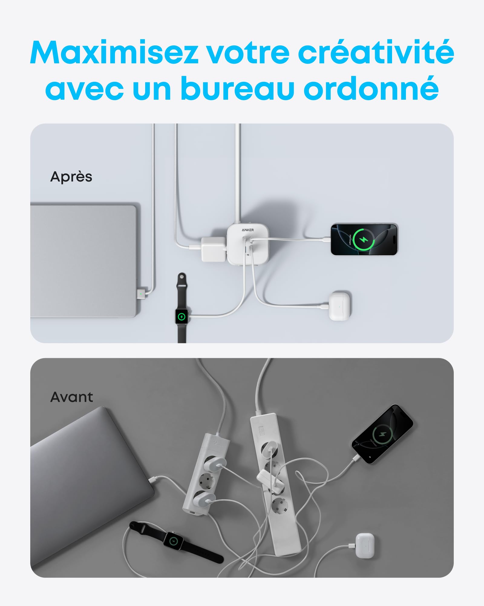 Anker Multiprise avec Interrupteur, Tour de Charge 12 en 1 | Charge USB C Rapide 20W, 8 Prises Ca, 4 Ports USB, Câble d'extension de 2 m, pour le Bureau, la Maison, le Jeu