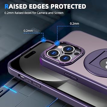 iPhone 15 Pro Max用 スマホケース 強化ガラススクリーンプロテクター付き Mag-Safe Wireless Charging 360°回転可能 見えない キックスタンド バンパー 耐衝撃 保護カバー レディース メンズ パープル