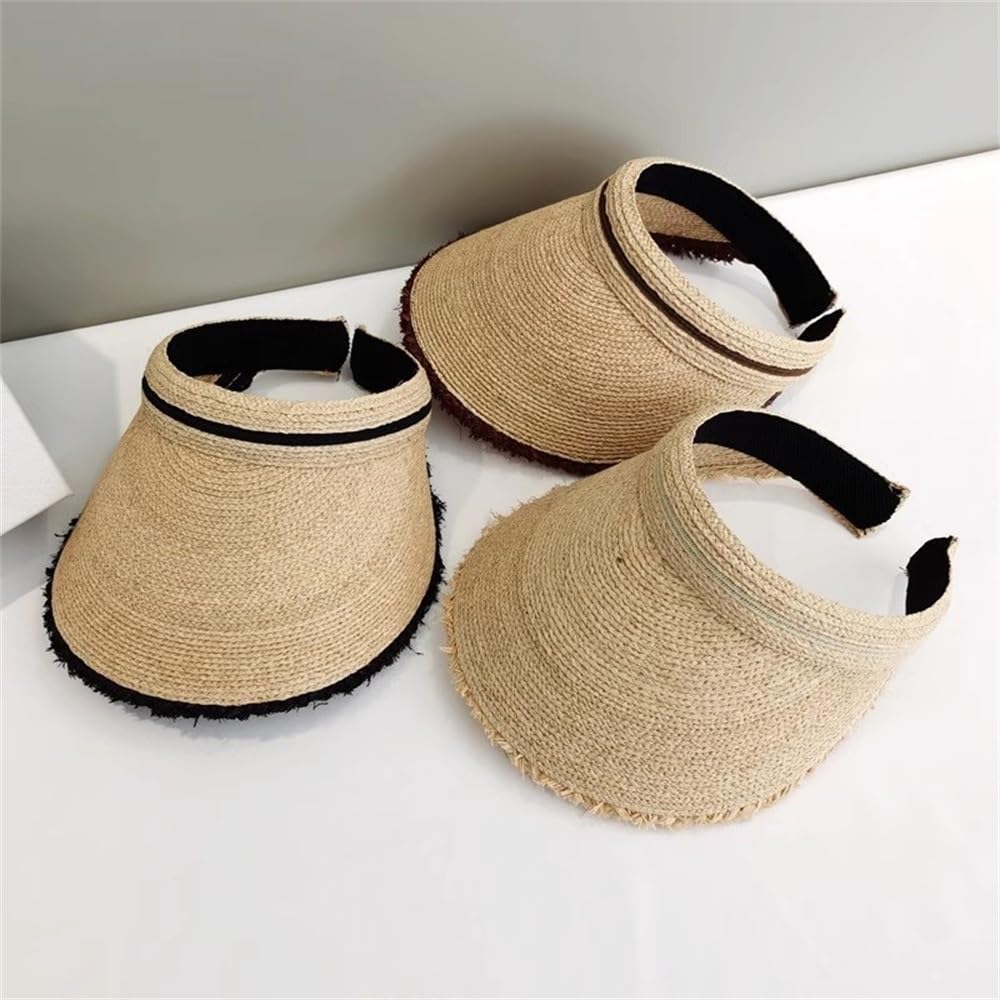 Visera de Paja para Mujer Sombrero for el Sol de ala Ancha con Parte Superior Hueca y Borde Crudo Rafia for Mujer para Sombreado al Aire Libre