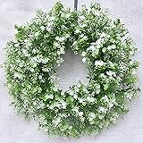 Domeal 10In Artificial Babys Breath Wreath Faux Greenery Green Leaves Wreath Hanging for Front Indoor Outdoor Wall Window Home Décor