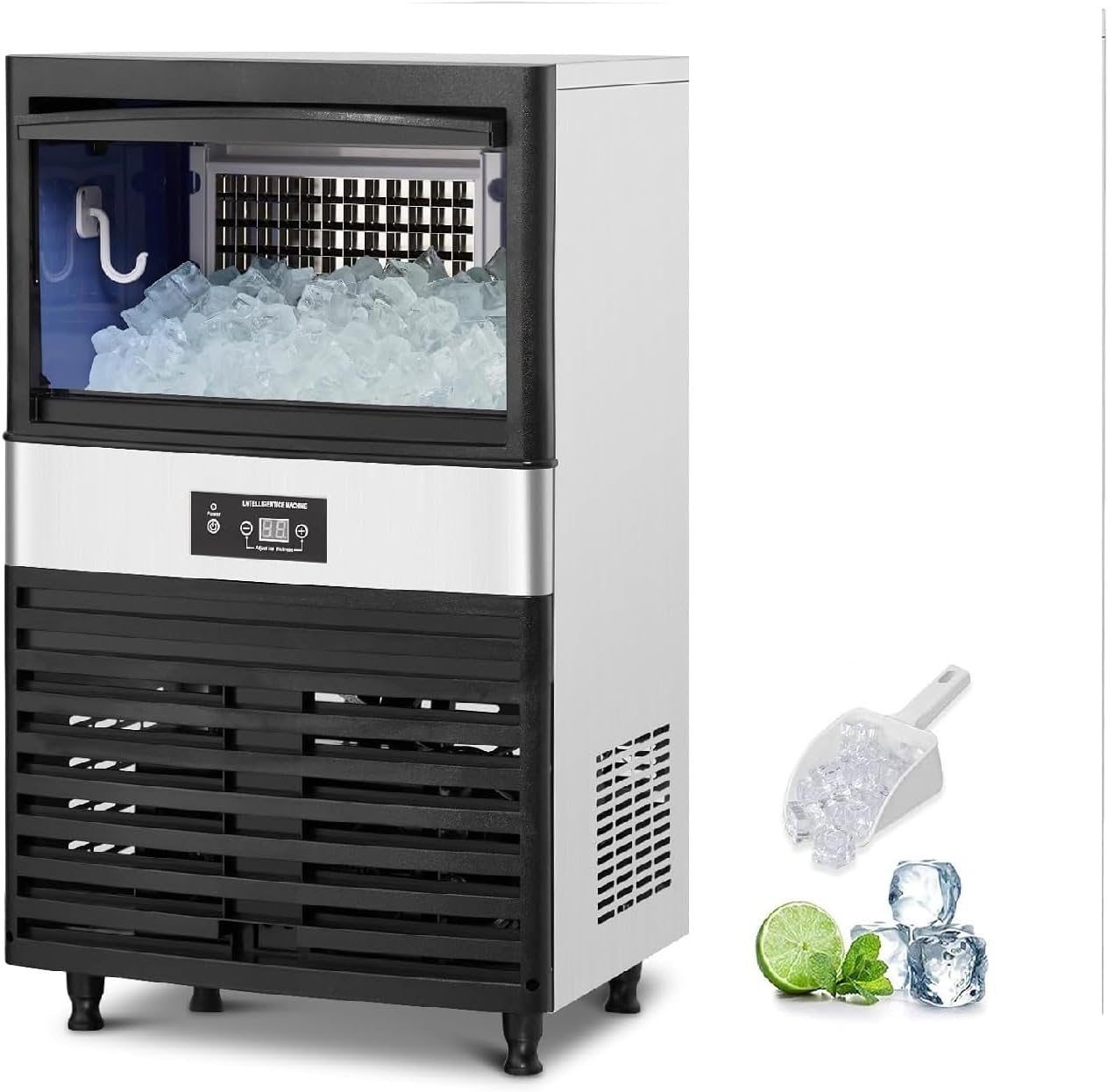 Commercial Ice Maker 110lbs/24H Undercounter Ice Machine, 40Lbs Storage Bin, Stainless Steel, Low Noise, Automatic Overflow Prevention, Adjustable Ice Cube Thickness, APS-40