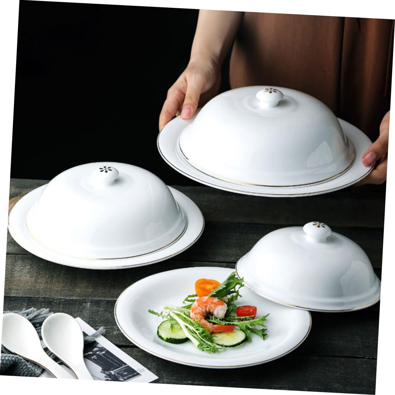 SOIMISS Céramique Assiette à Steak Française Service Blanc, avec Couvercle