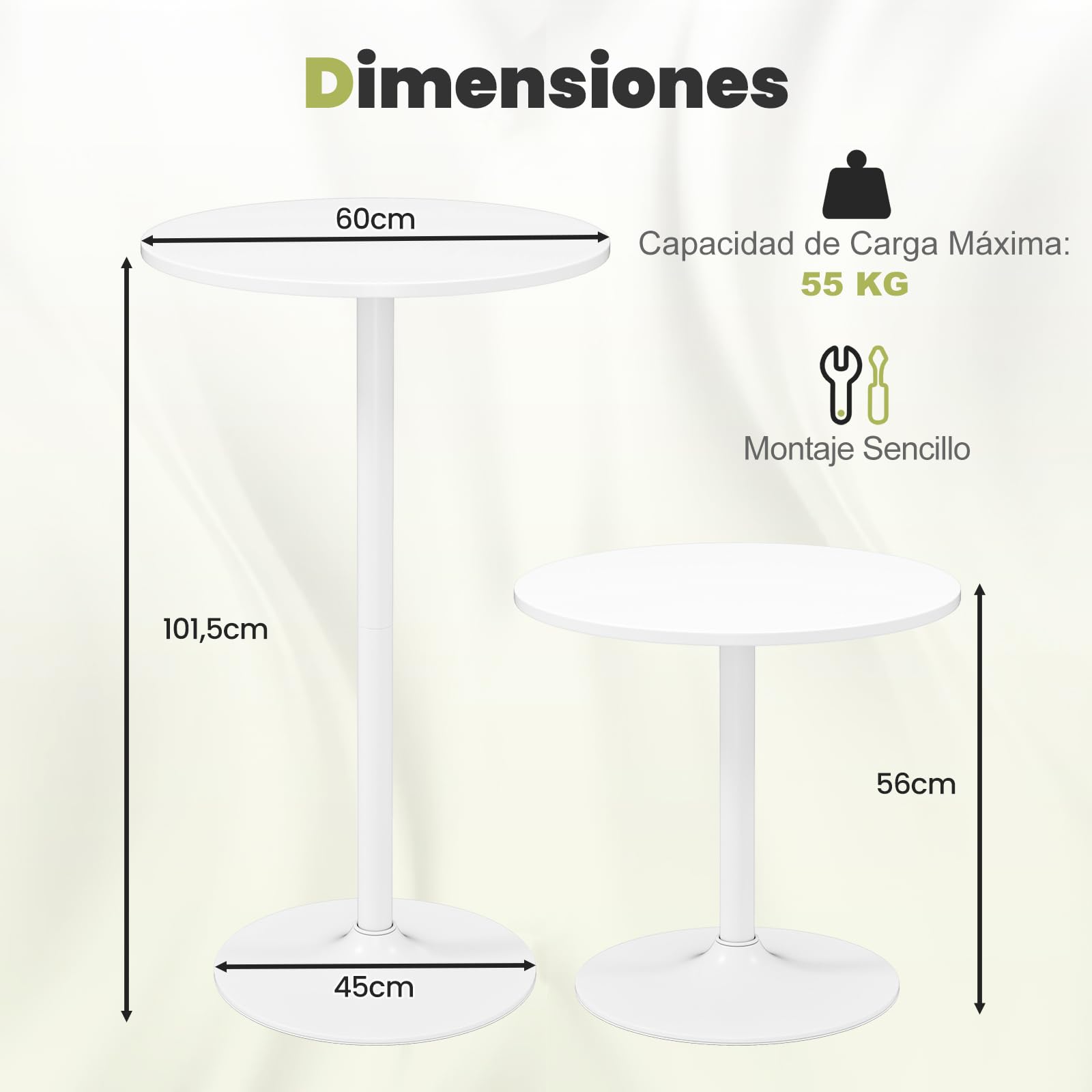GIANTEX Juego de 1/2 Mesas de Bar Redondas con Diámetro de 60 cm, Mesa de Bistró con Altura Ajustable 56/101,5 cm, Mesita Alta de Cóctel Estilo Moderno, para Comedor, Balcón, Bar (2, Blanco)