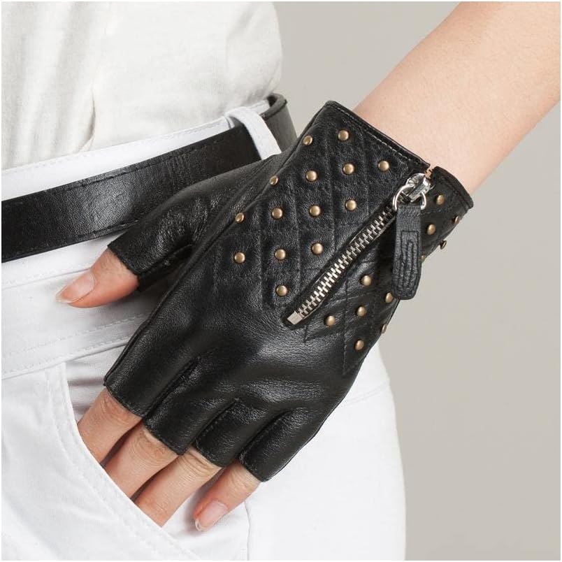冬の手袋 ファッションデザイン女性リベットジッパー本革手袋ハーフフィンガーシープスキン手袋