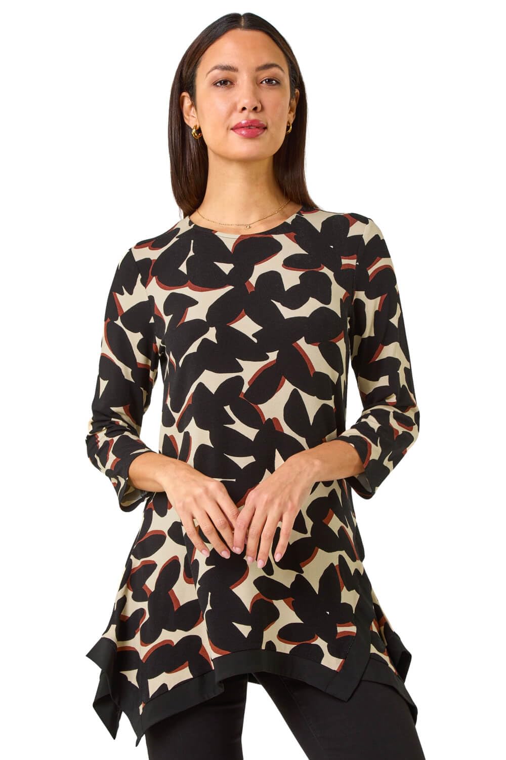 Roman Originals Women's Noir Beige Asymmetric Top Hanky Hem Blouse Stretchy Tunic Occasion Smart Casual Summer Sprint Winter Autumn Cocktail Party Evening 3/4 Short Sleeve - Size 12