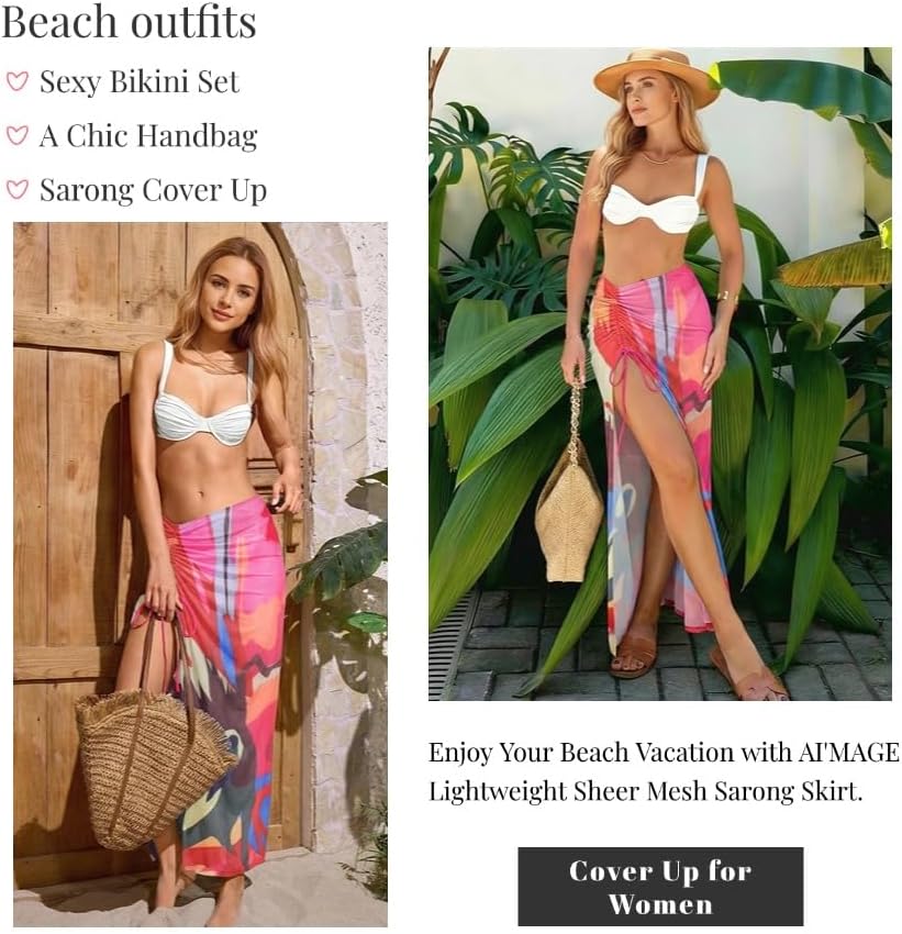 AI'MAGE Women's Sarong Swimsuit Coverup Sheer Mesh Beach Cover Up Skirt Long Bikini Wrap for Swimwear S-XXL - Image 2