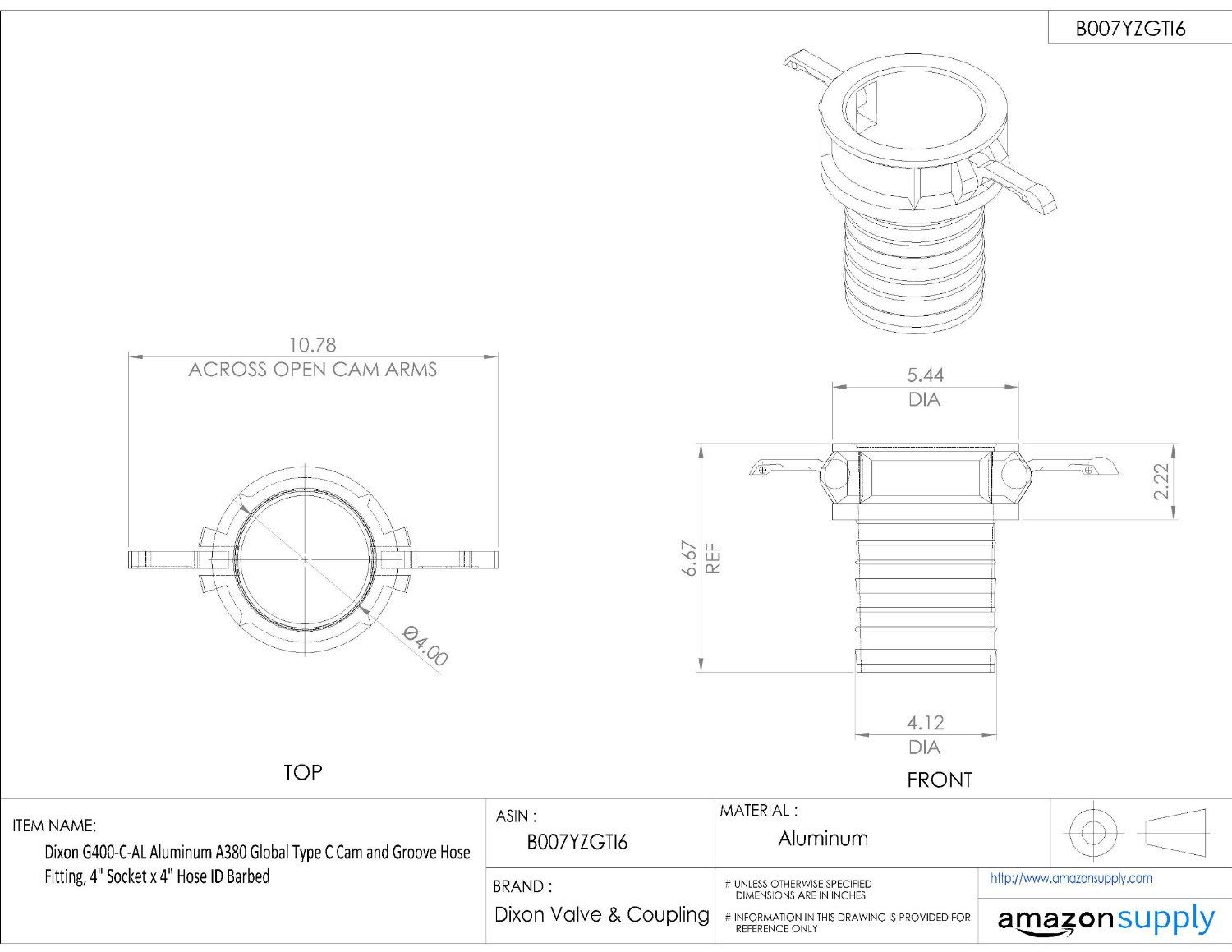 Dixon G400-C-AL Aluminum A380 Global Type C Cam and Groove Hose Fitting, 4" Socket x 4" Hose ID Barbed