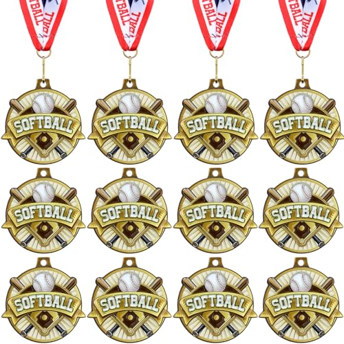 Ecation 12 Pcs Softball Medals 2 Inch T-Ball Team Medal Awards Softball Metal Medals Gold Baseball Sports Award Medal with Neck Ribbon
