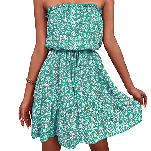 AYNEFY Robe sans Bretelles à épaules Dénudées Plage Casual sans Bretelles Cover Ups Femmes été Mignon Ceinture Imprimé Fleuri Robe Bandeau Haut Dames Robes D'été à Volants Mini Robe(M-Vert) Cover