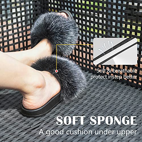 Women's Furry Slides Faux Fur Slides Fuzzy Slippers Fluffy Sandals Outdoor Indoor（Silvery Black-5.5） #TOP3