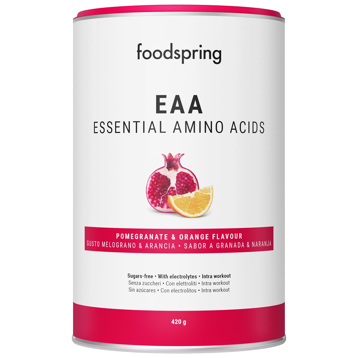 foodspring EAA Powder con elettroliti per crescita & mantenimento muscolare - Polvere EAA con aminoacidi essenziali - Privo di zuccheri (420g | 30 p. | 1 misurino = 14g | Melograno e Arancia)