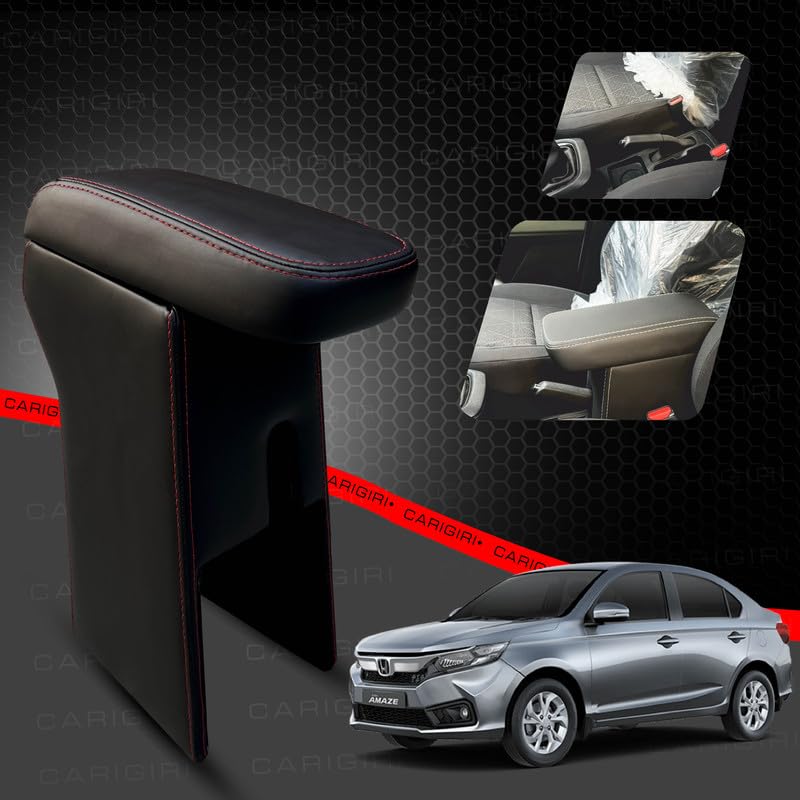 Image of Carigiri Premium Finish Car Armrest with Storage Box And High Density Moulded Foam For Honda Amaze (Models-2018-2024) (Black With Red Double Stitching,Nappa Leatherette)