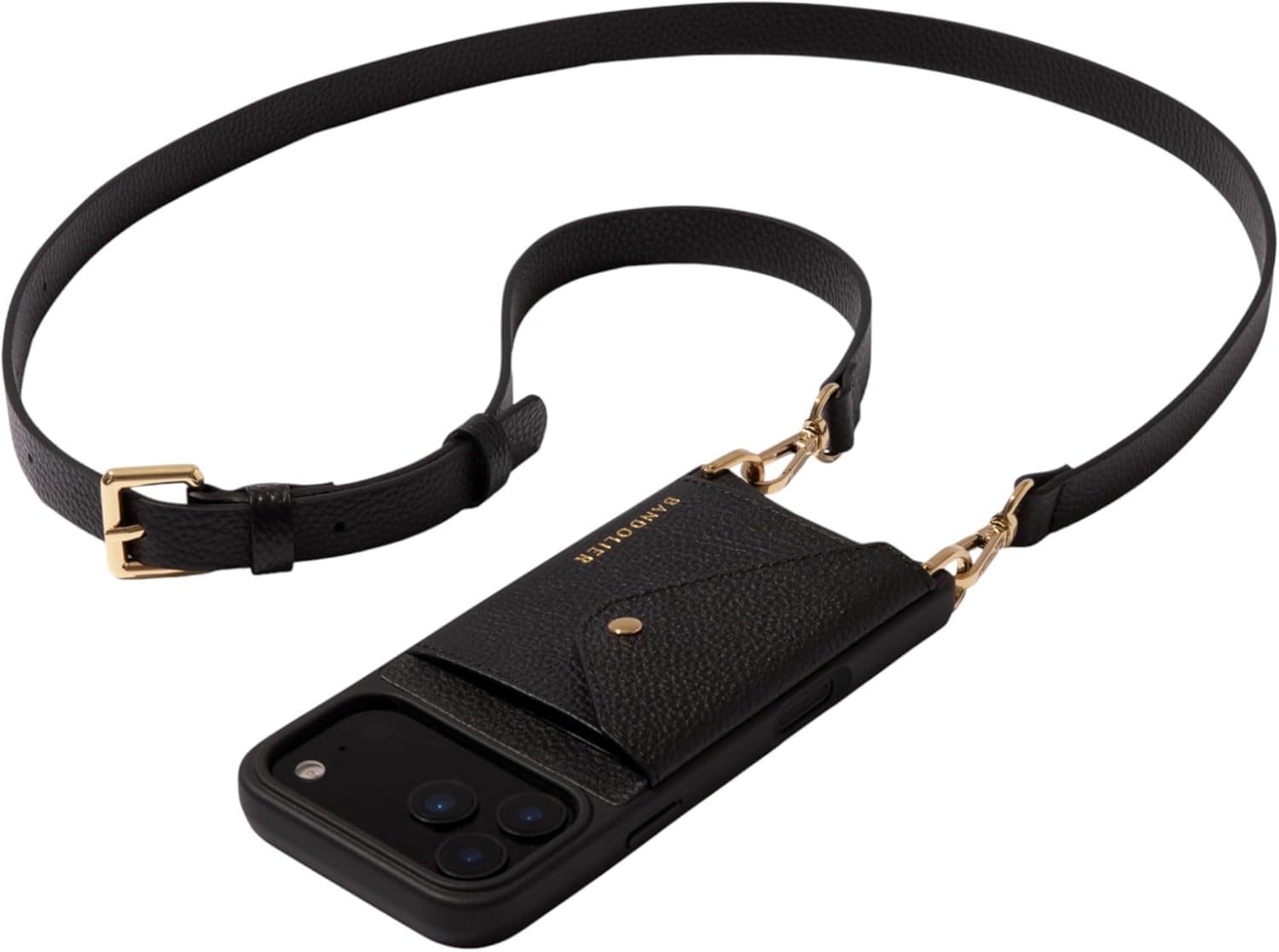 Bandolier Hailey Crossbody Wallet Phone Case for iPhone 17 Pro Max. 100% Genuine Pebble Leather with Gold Hardware. Adjustable & Removable Strap. Expandable Flip Card Holder. Black with Gold Hardware