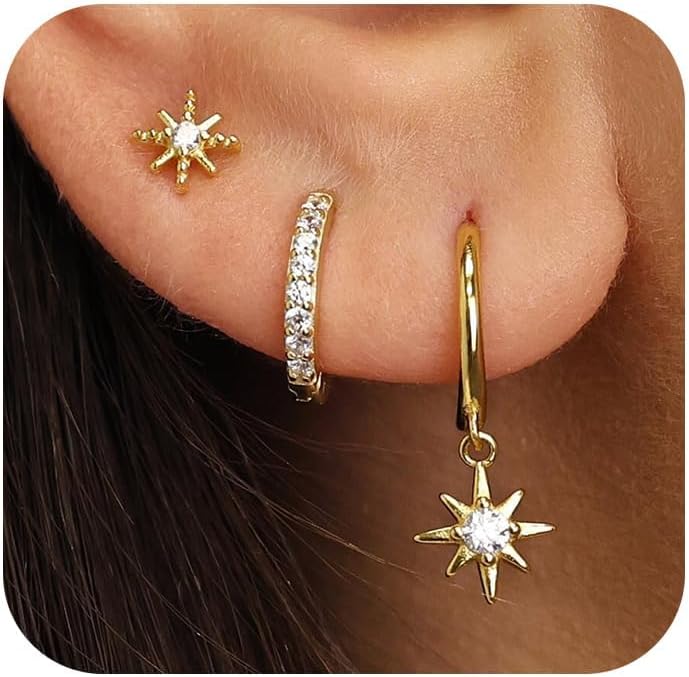 FUNEIAEarrings 925 Silver Set for Women 14K Gold-Plated Small Hoop Earrings Silver Gold with Zirconia Pendant Stackable Waterproof Stud Earrings Set for Multiple Ear Holes Jewellery Gift