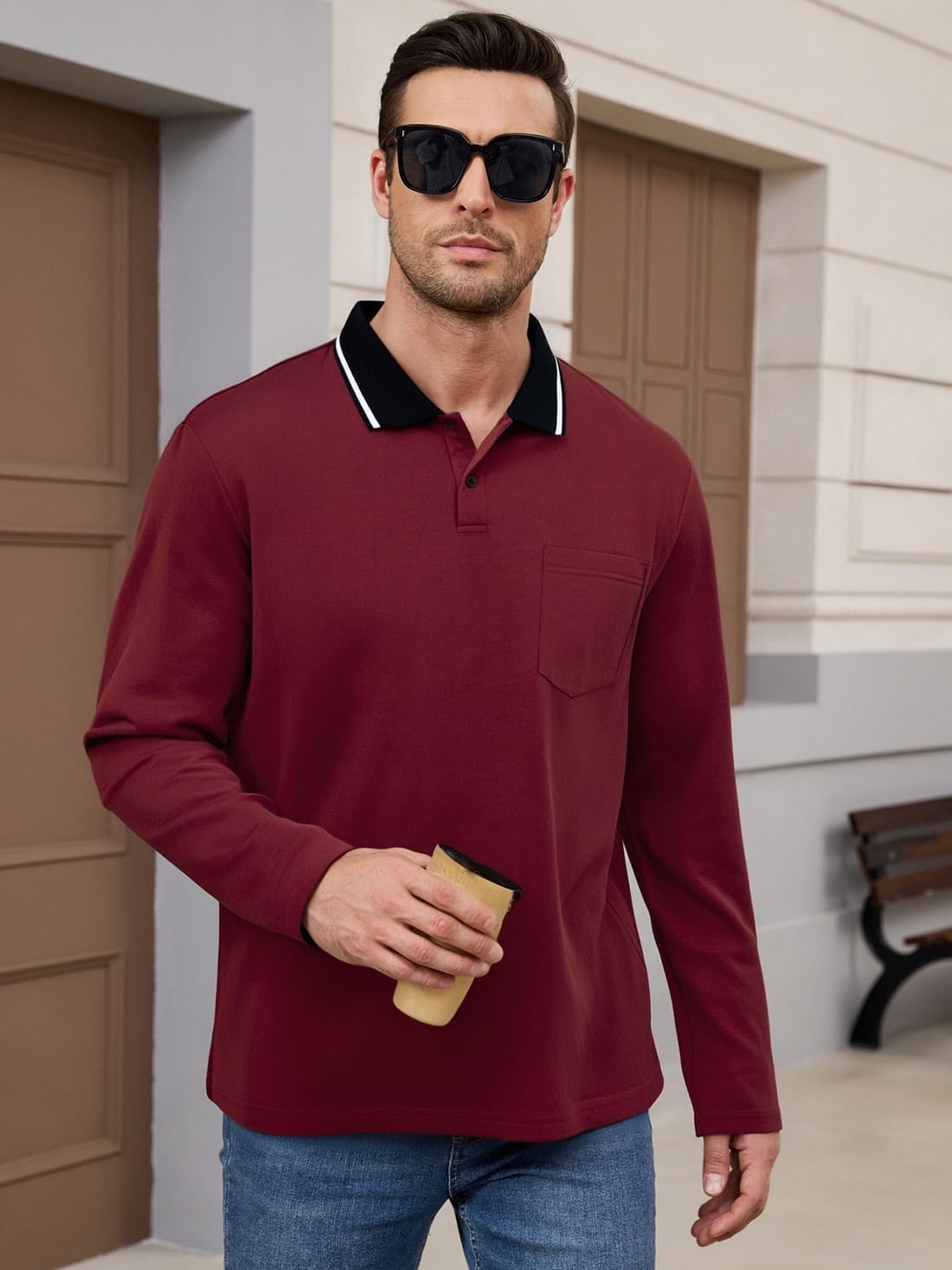 LuxMania Men's Polo Shirts Long Sleeve Cotton Fashion Polos Tee Shirt Classic Basic Work Collared Shirt with Pocket - Image 3