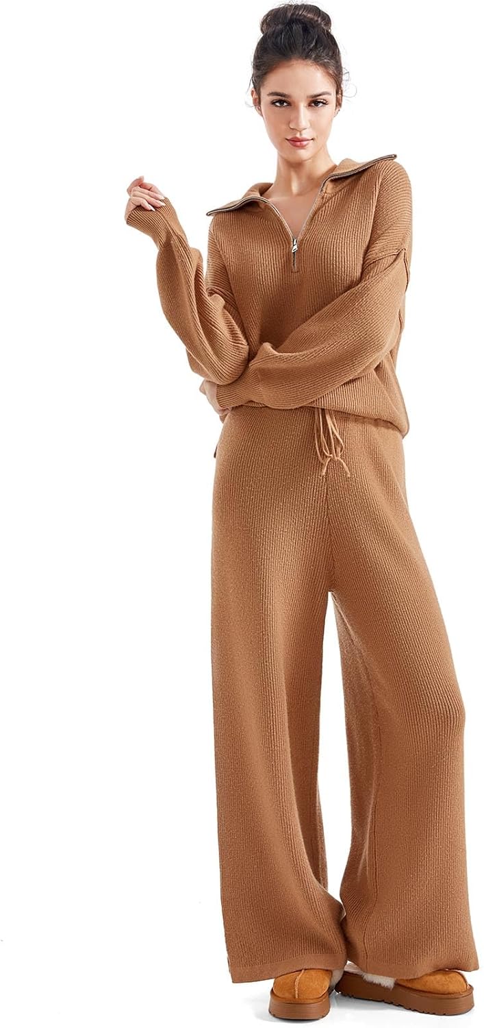 SUUKSESS Women 2 Piece Lounge Sets Oversized Quarter Zip Pullover Wide Leg Pants - Image 5