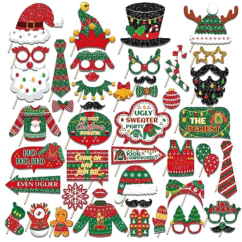 45Pcs Ugly Christmas Photo Booth Props with Stick...