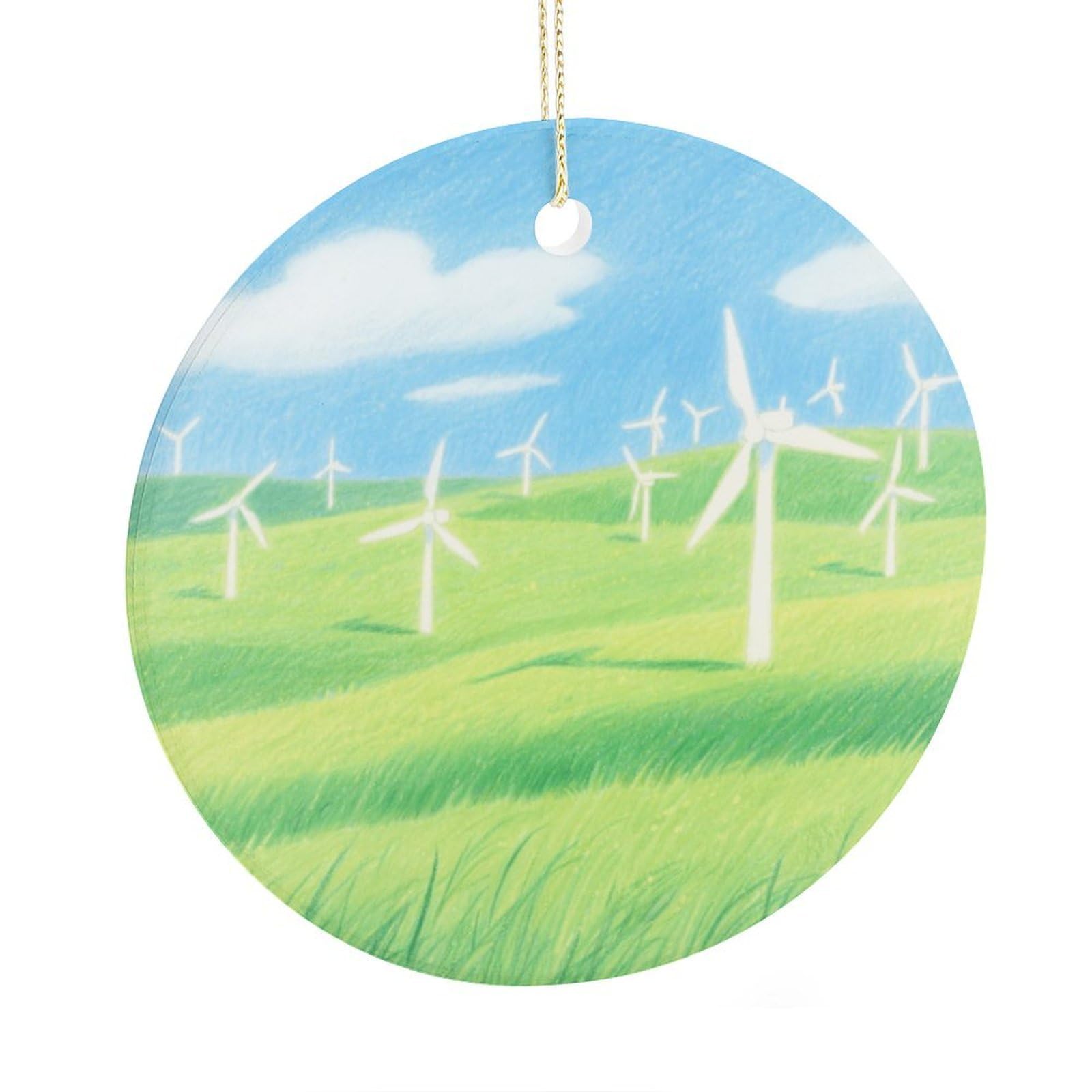 Fekiloot Style Grassland Windmill Group Christmas Ornaments 2.9 Inch Round Ceramic Ornament Keepsake Thank You Gifts For Office, Room, Home - Holiday Present Ideas