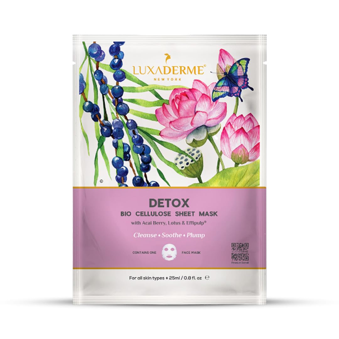 Detox Bio-Cellulose Korean Face Sheet Mask with 84% Lotus Water | Anti-Pollution Mask to Detoxify & Purify Skin | Deeply Hydrates, Plumps & Restores Healthy Glow | Vegan Skincare for Men & Women (Pack of 1)