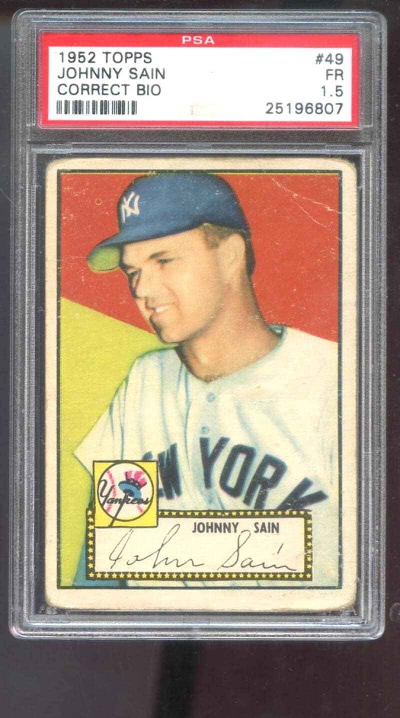 1952 Topps #49 Johnny Sain PSA 1.5 Graded Baseball Card New York Yankees Red Bck