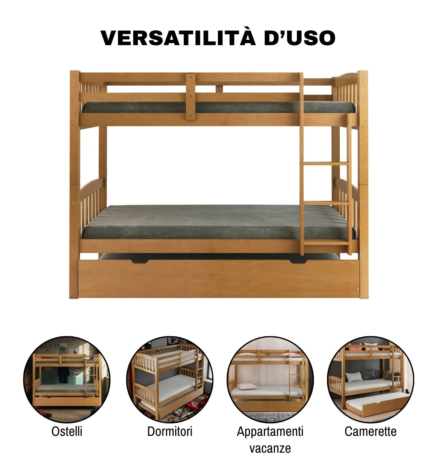 Arredo Stock Letto a castello con terzo letto estraibile in legno di pino massello, 90x190x156 cm (Legno)