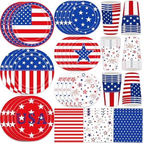 120 PCS 4th of July Party Supplies Plates Set,Patriotic American Flag Tableware Include Plates,Napkins and Cups for Veterans Day Election Day 4th of July Independence Day Decorations(Serve 30)