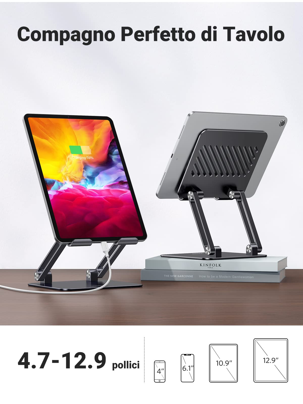 UGREEN Supporto per Tablet da 4,7" a 12,9" Universale, Porta Cellulare da Tavolo Regolabile Pieghevole per iPad 2022, MatePad, Galaxy Tab, Xiaomi Pad, iPhone 16 Plus Pro Max Nero