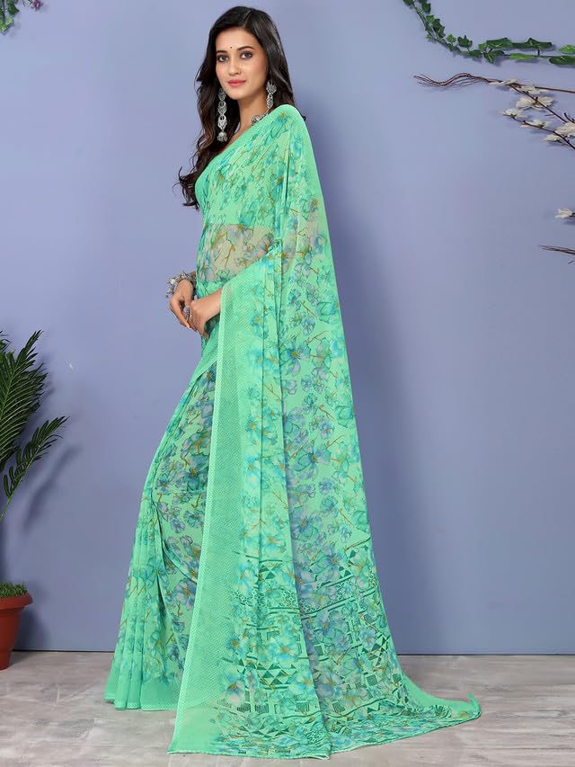 Image of SIRIL Women's Floral Printed Georgette Saree With Unstitched Blouse Piece (3143S824 Turquoise)