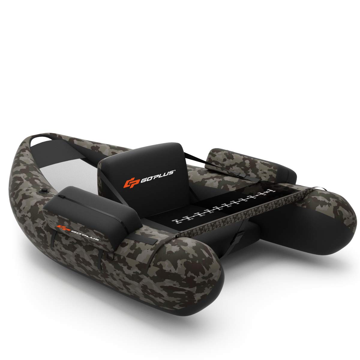 GOPLUS Barco de Pesca Inflable. Barco Neumático Flotante con Respaldo Ajustable para Pesca Camuflaje, Botes y Carga Máxima 160 kg, 136x105x54 cm