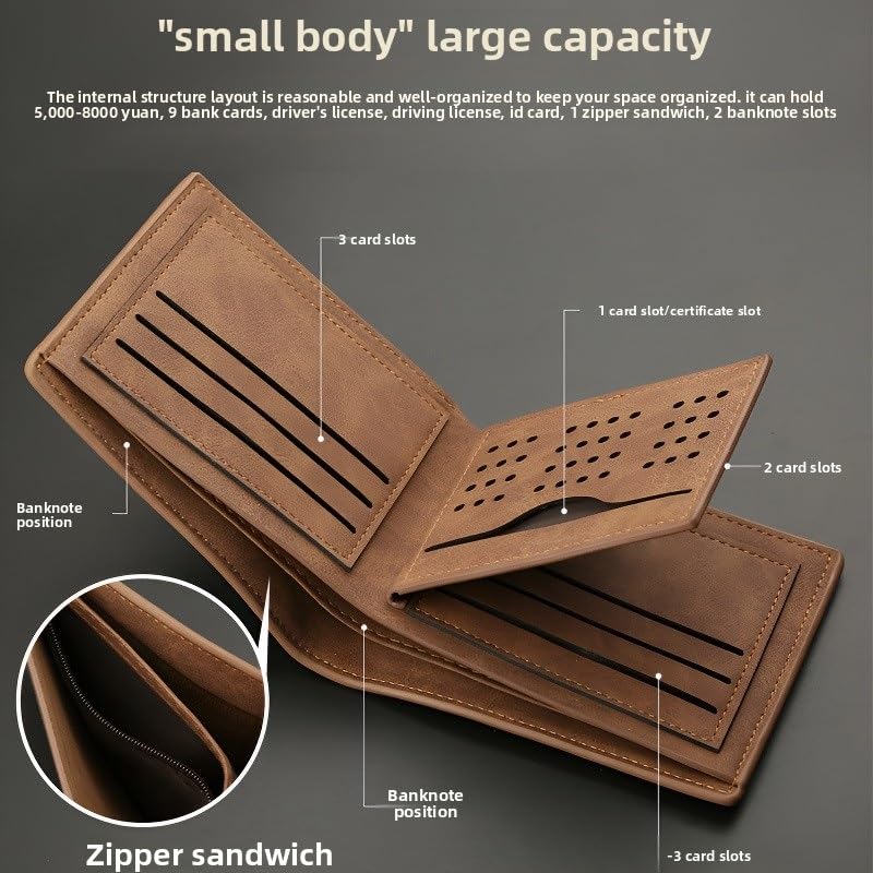 Men's Multifunctional Short Wallet - Genuine Leather Business Casual Wallet With Zipper Compartment & 12 Card Slots, Lightweight, Portable(Brown)4