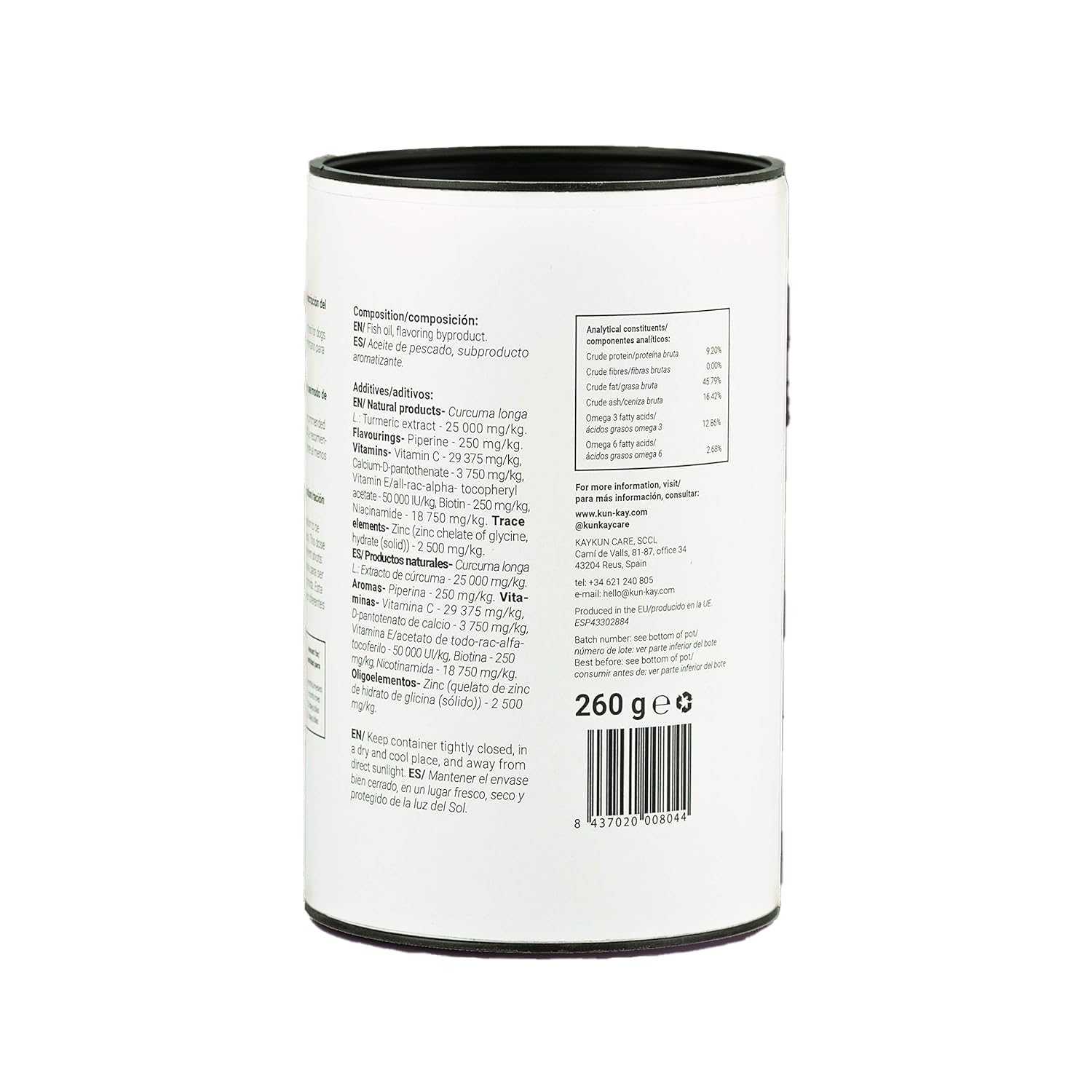 Suplemento Natural para Perros con Dermatitis, picores o caída del Pelo – Dermakun 260 g. con Omega 3, Biotina, Curcumina y Zinc – Mejora Piel y Pelaje