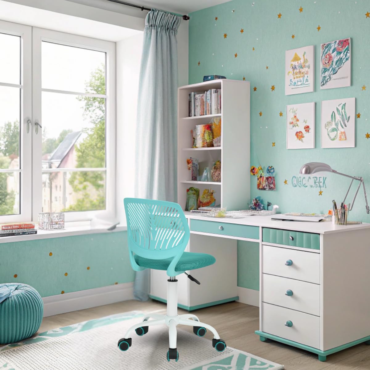 FurnitureR Vielseitiger Bürostuhl für Kinder, Arbeitsstuhl ohne Armlehnen, höhenverstellbar, drehbar, bunt, für Schule und Büro, Türkis