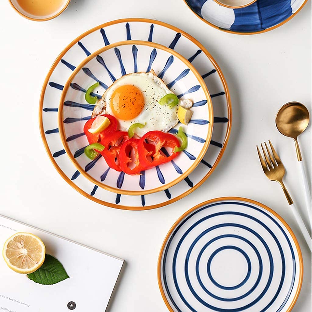 Vajilla de Porcelana de 28 Piezas, Estilo japonés | Juego de vajilla de cerámica con Plato y Cuenco para Restaurante, Color Azul