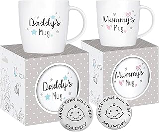 New Parents Set of 2 Mummy and Daddy Mugs - Gifts for Mum Daddy Gifts - Gifts for New Mums - New Dad Mug - Mummy Mug Mummy Gifts - Christmas - Includes Decision coin for Parents (Mummy & Daddy)
