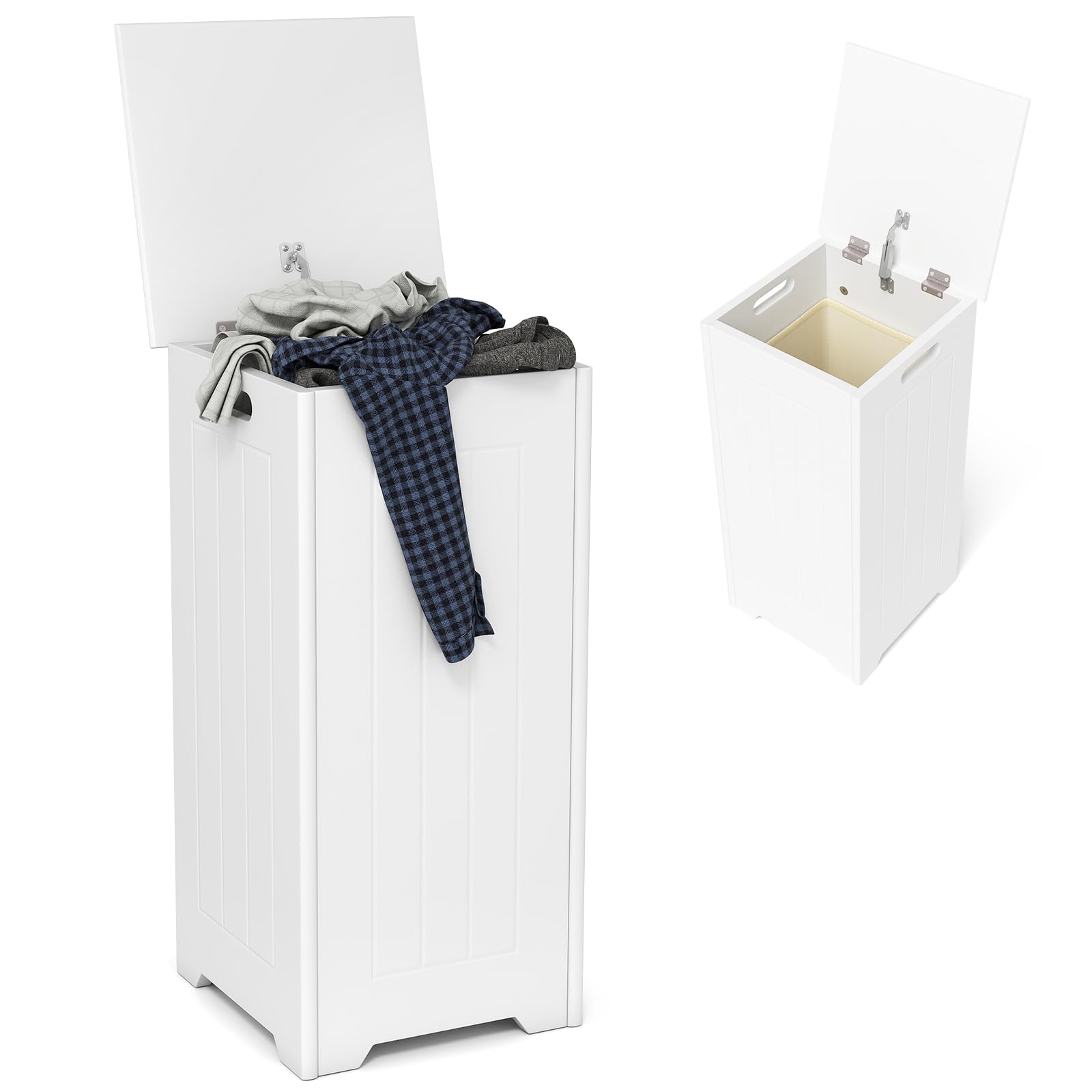 HOMASIS 35L/28L Secchio per Lavanderia da Bagno, Cesto Portabiancheria con Coperchio in Legno, Cesta Panni Sporchi Salvaspazio per il Bucato, 30 x 30 x 61 cm, Bianco (Modello 2, con Tasca)
