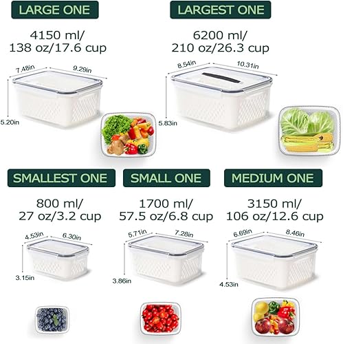 Miniatura 5 de Contenedores de almacenamiento de frutas para refrigerador, paquete de 5 unidades, recipientes de frutas y verduras para refrigerador con colador,