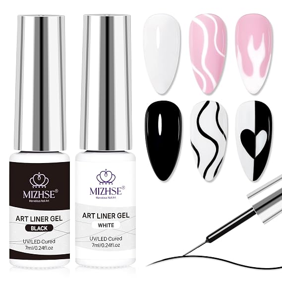 MIZHSE Gel Liner Nail Art, White and Black Painting Gel Polish, Glossy Effect Drawing Line Stripe Swirls French Nail Design DIY Manicure Soak Off Nail Art