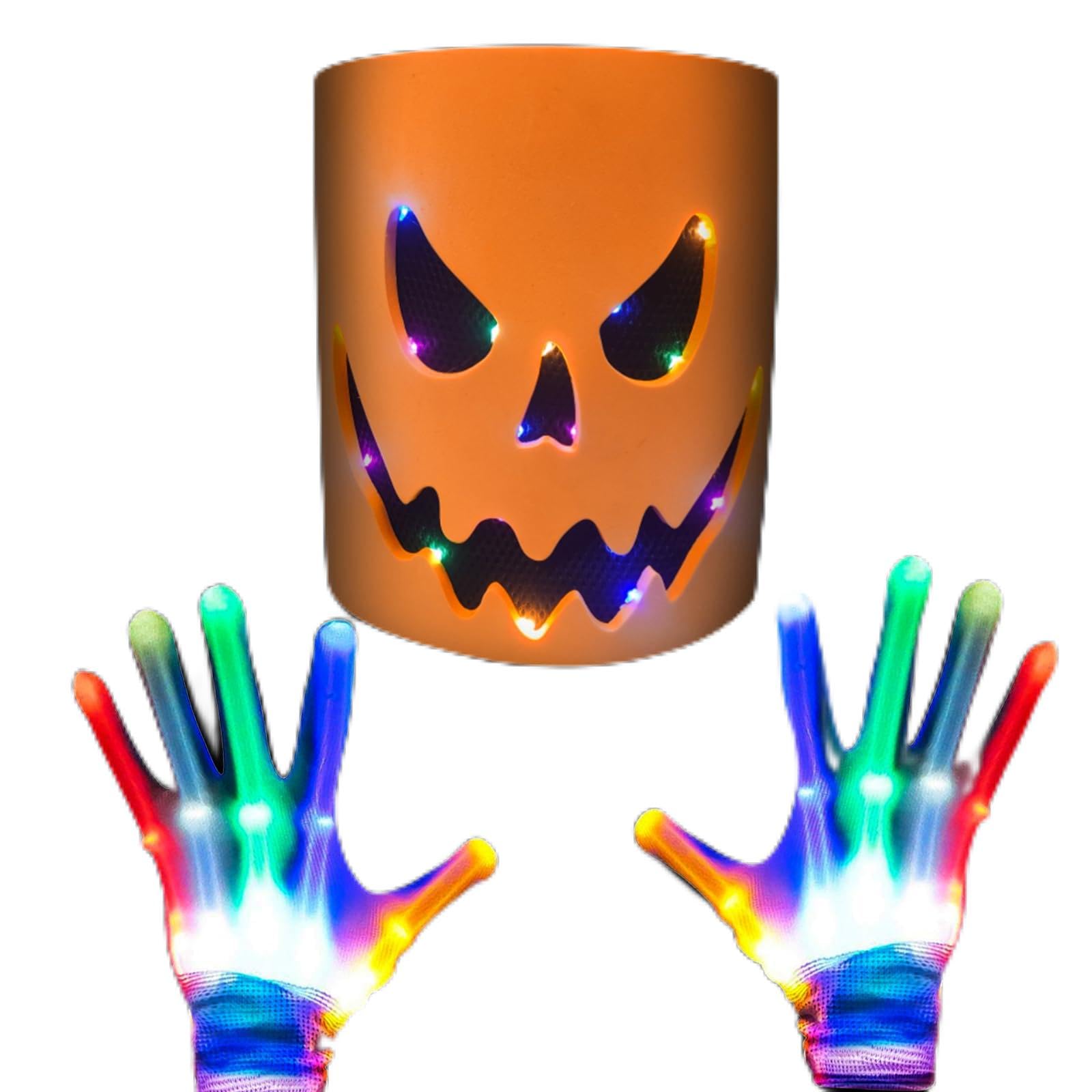 Camlinbo Halloween LED Pumpkin Head Mask Light Up Gloves Halloween Costume Scary Full Head Mask Halloween Cosplay Party for Adults Kid