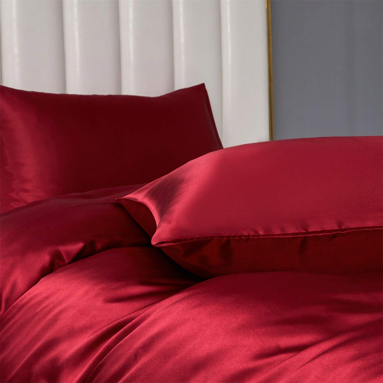 Funda de edredón de satén (220 x 240 cm), color rojo liso y brillante, juego de cama de satén suave, seda suave, ropa de cama para 2 personas adultas con cremallera y fundas de almohada de