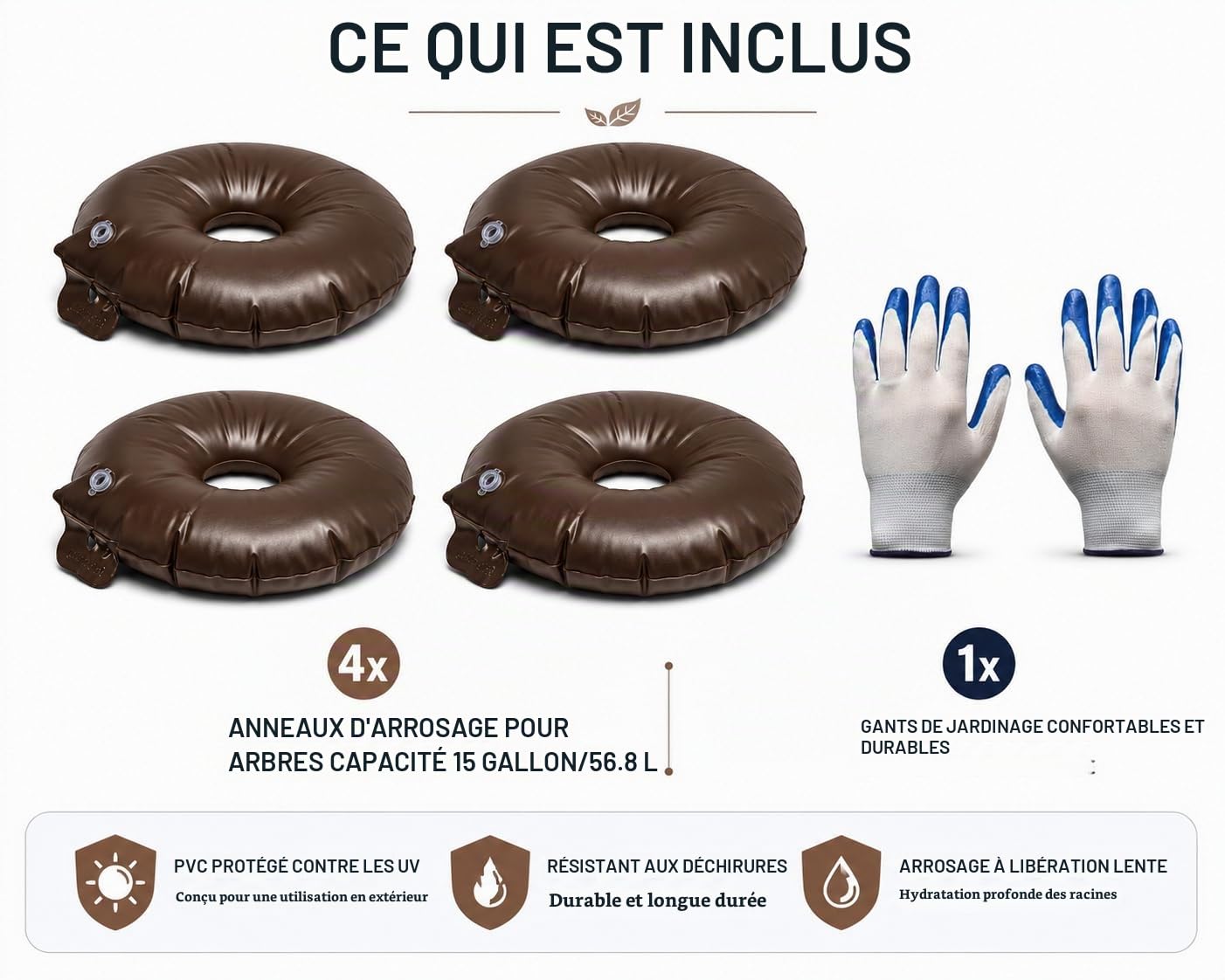IRSTBL - Lot de 4 anneaux d'arrosage pour arbres – Sacs d'irrigation à libération lente de 56,78 l – 5 à 8 heures d'arrosage en profondeur pour arbres et arbustes – Comprend des gants de jardinage