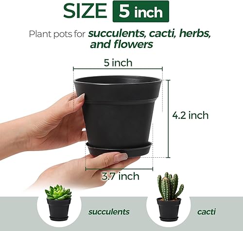 Miniatura 2 de T4U Macetas de plástico de 5 pulgadas paquete de 18 unidades maceta pequeña con agujero de drenaje y platillo maceta decorativa de guardería a