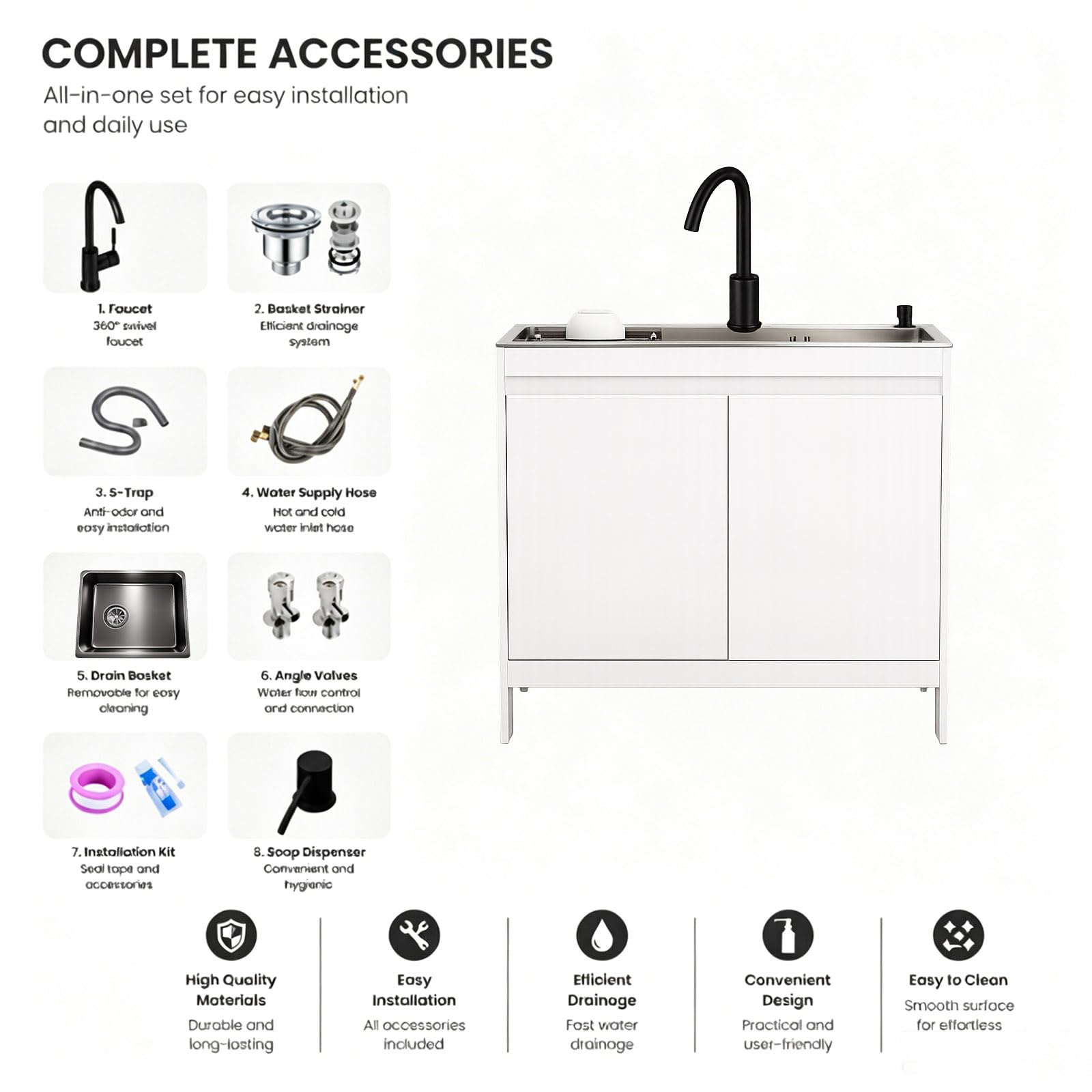 Mueble de Fregadero de Cocina con Grifo Mezclador de Agua Fría y Caliente y Escurridor Ajustable,Para Cocina, Lavadero, Jardín, Garaje, Patio.