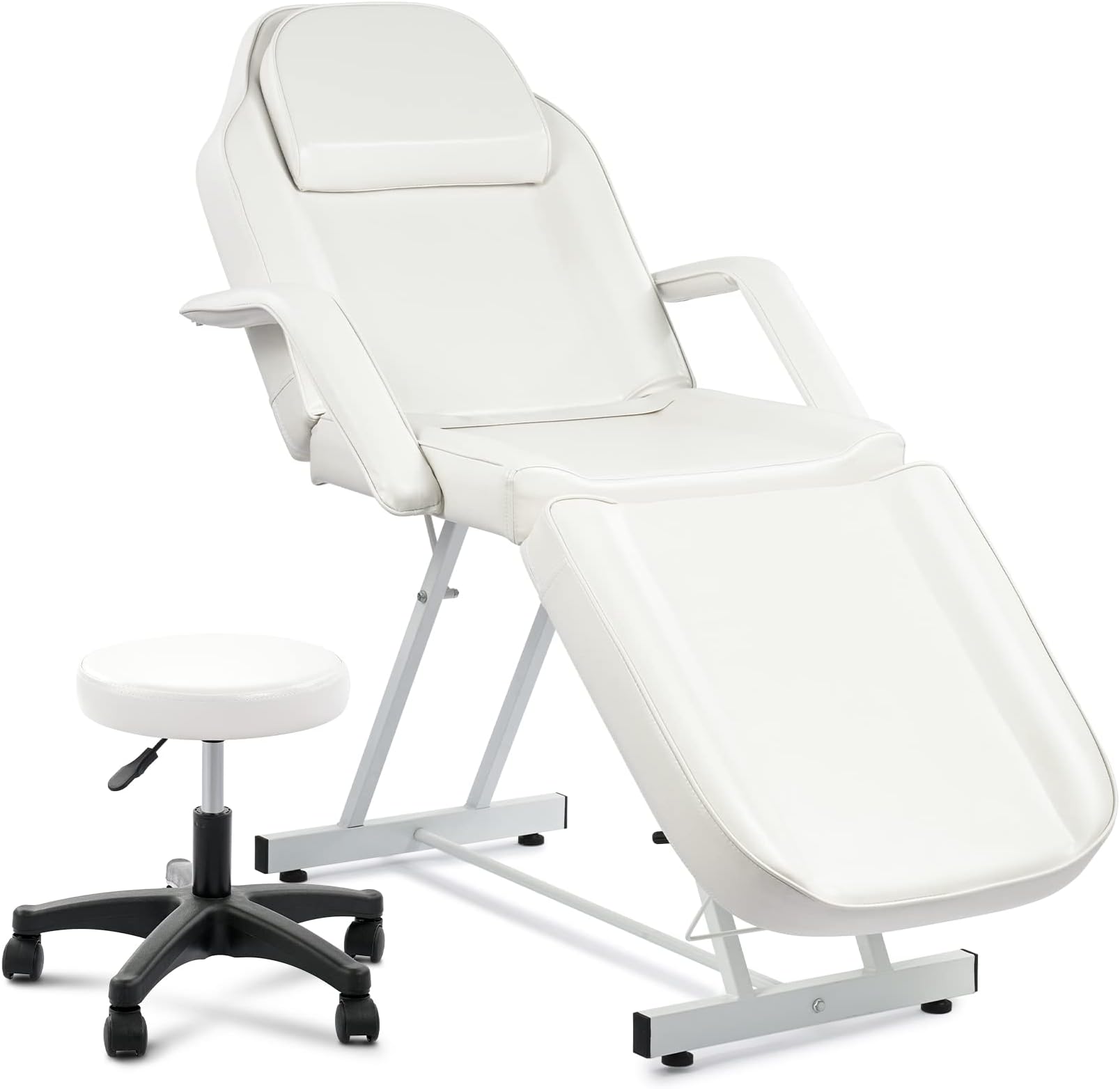 VONLUCE Beauty Bed, Adjustable Multiple Level Steel Frame 3 Section Leather Massage Bed 150kgs/330lbs Max Weight Capacity, Detachable Armrest & Headrest Massage Table Beauty Table, White