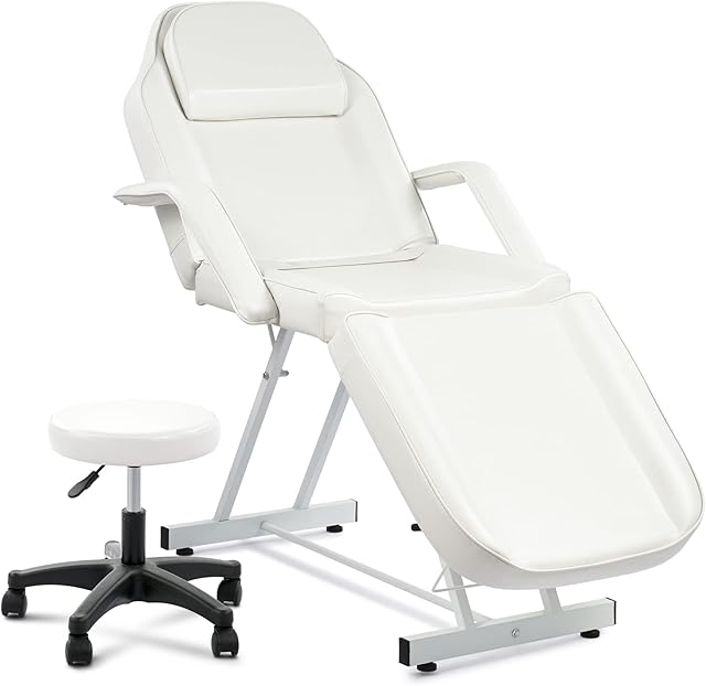 VONLUCE Beauty Bed, Adjustable Multiple Level Steel Frame 3 Section Leather Massage Bed 150kgs/330lbs Max Weight Capacity, Detachable Armrest & Headrest Massage Table Beauty Table, White